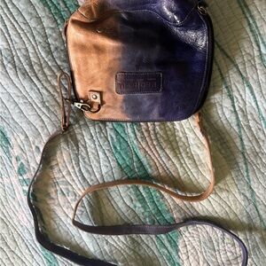 Curved Two-Toned Crossbody Bag in Brown and Blue